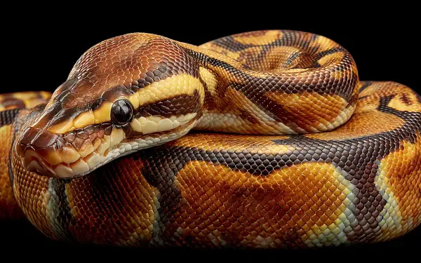 Close-up of a ball python coiled against a black background, showcasing its detailed scales in vibrant brown, yellow, and black tones, captured in 4K Ultra HD.