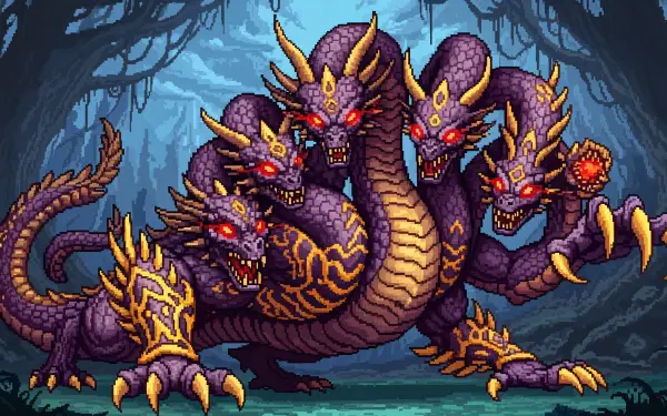 A fierce five-headed hydra with glowing red eyes and golden accents stands in a dark, enchanted forest in this 4K Ultra HD magical creature desktop wallpaper.
