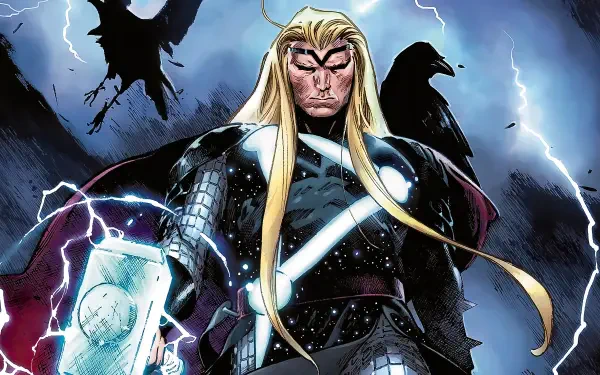 Comic-style Thor stands amid lightning and stormy skies, holding his hammer. This 4K Ultra HD image serves as a striking PC desktop wallpaper.