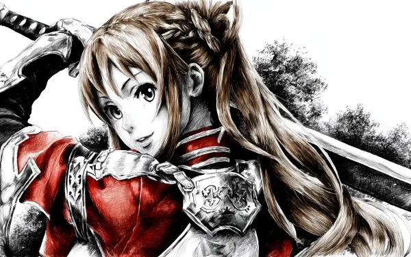 HD manga-style PC desktop wallpaper of Asuna Yuuki from Sword Art Online, featuring detailed white and red anime art with her wielding a sword.