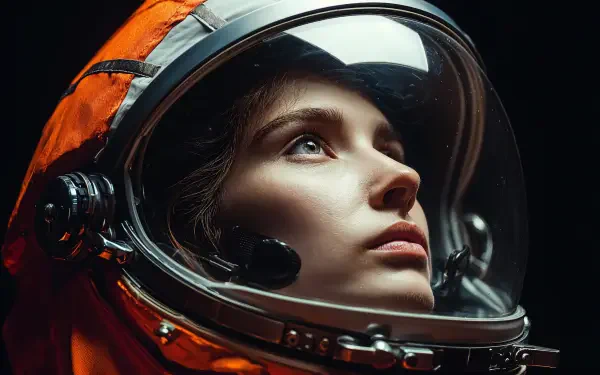 Close-up of a woman astronaut in a detailed sci-fi helmet, captured in 4K Ultra HD, creating a striking PC desktop wallpaper and background.
