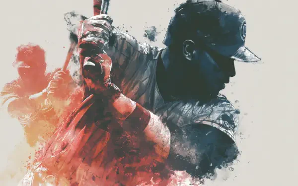 Artistic HD desktop wallpaper of a baseball player mid-swing, blending dynamic brush strokes with a vivid sports theme.
