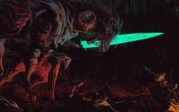 HD PC desktop wallpaper depicting Ludwig from Bloodborne by FromSoftware, featuring a dark, intense battle scene with glowing sword and monstrous figure.