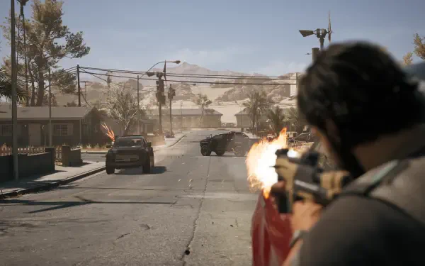 HD PC desktop wallpaper from the video game MindsEye, depicting an intense desert street firefight with a character shooting at vehicles.