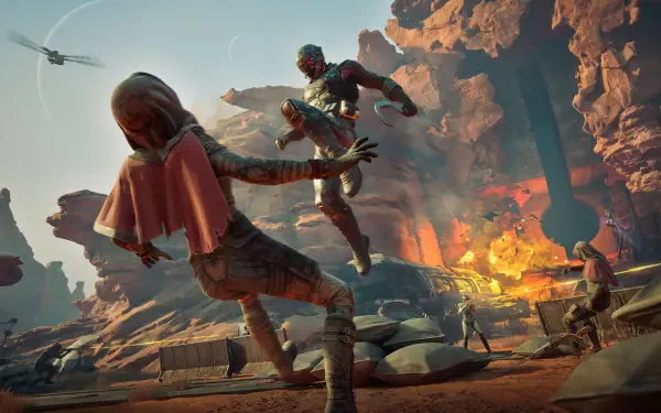 4K Ultra HD PC wallpaper from the video game Dune: Awakening, featuring an intense mid-air kick amid a rocky desert battle scene with explosions.