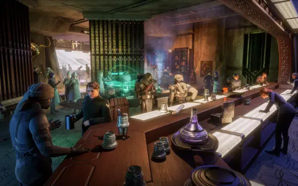 A detailed 4K Ultra HD PC wallpaper depicting a lively tavern scene from the video game Dune: Awakening with characters gathered around the bar.
