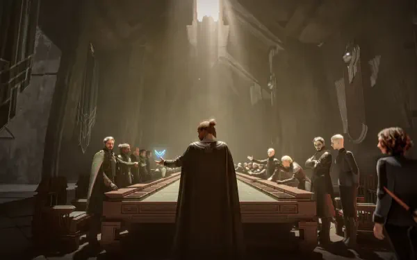 4K Ultra HD PC desktop wallpaper featuring a dramatic council scene from the video game Dune: Awakening, with characters gathered around a large table in a dimly lit room.