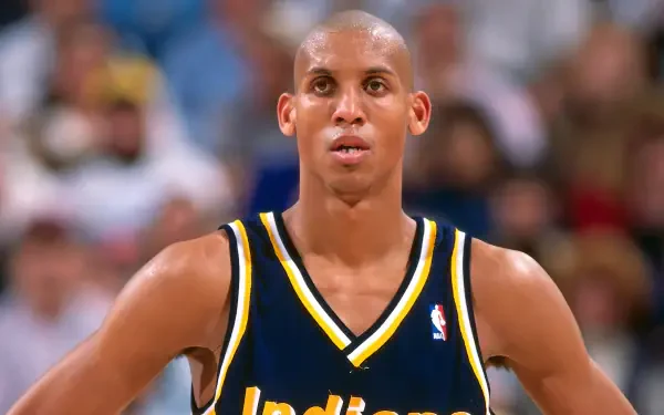 HD desktop wallpaper featuring Reggie Miller in his Indiana Pacers NBA uniform during a game.