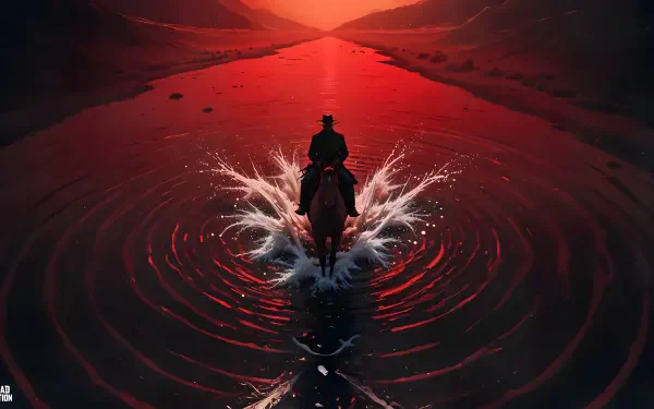 A lone rider on horseback splashes through water at sunset in this 8K Ultra HD Red Dead Redemption 2 PC desktop wallpaper, capturing the game's immersive western atmosphere.