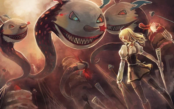 A dramatic HD wallpaper featuring Mami Tomoe from *Puella Magi Madoka Magica*, facing off against ominous, monstrous creatures, capturing the anime's intense atmosphere.