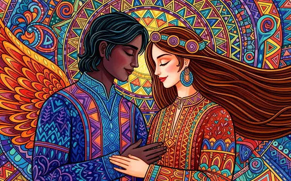 A vibrant 4K Ultra HD PC desktop wallpaper depicting a soulmate connection between a man and woman in intricate, colorful, and ornate patterns and attire.