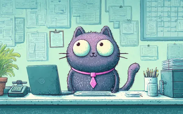 4K Ultra HD PC desktop wallpaper featuring a cute cartoon cat wearing a pink tie, sitting behind an office desk with papers and a laptop, surrounded by documents.