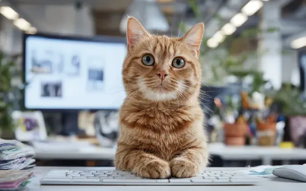 A close-up 4K Ultra HD desktop wallpaper of an orange tabby cat sitting on a keyboard with a blurred office background.