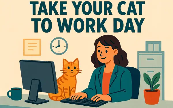 4K Ultra HD desktop wallpaper featuring a woman working at a computer with a cat beside her in an office setting celebrating Take Your Cat to Work Day.