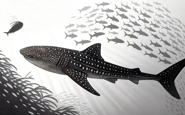 A detailed 4K Ultra HD PC desktop wallpaper featuring a whale shark swimming among schools of fish in a monochromatic underwater scene.