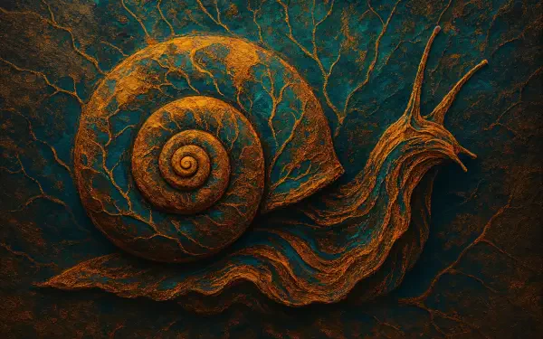 4K Ultra HD desktop wallpaper featuring a detailed, artistic rendering of a snail with textured, earthy tones and intricate patterns on its shell and body.