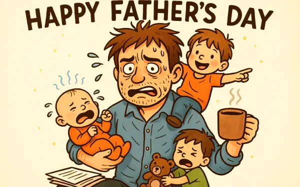 4K Ultra HD Father's Day desktop wallpaper showing a stressed man holding a crying baby, a toddler clutching a teddy bear, and an excited child pointing, with Happy Father's Day text above.
