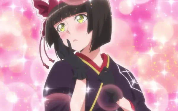 HD anime desktop wallpaper featuring Mio from Tsukimichi: Moonlit Fantasy with a vibrant pink sparkling background.