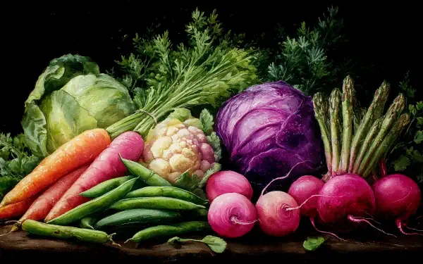 A vibrant assortment of fresh vegetables including carrots, cabbage, purple cabbage, cauliflower, radishes, green beans, and asparagus, captured in a 4K Ultra HD PC desktop wallpaper.