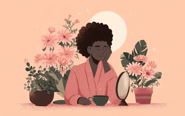4K Ultra HD desktop wallpaper of a woman practicing self-care, surrounded by blooming flowers and greenery, with a calming pastel background.