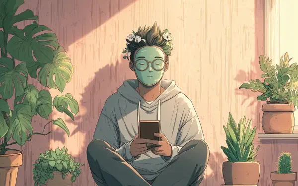 4K Ultra HD desktop wallpaper of a man practicing self-care, sitting cross-legged indoors surrounded by lush plants, wearing glasses and a hoodie while using a smartphone.