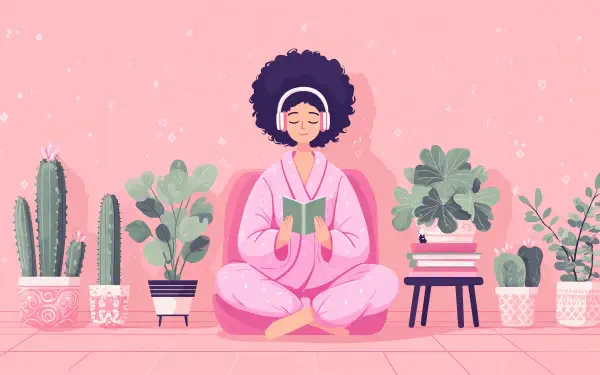 4K Ultra HD wallpaper of a woman in pink loungewear meditating with headphones, surrounded by potted plants against a soft pink background, evoking self-care and calm.