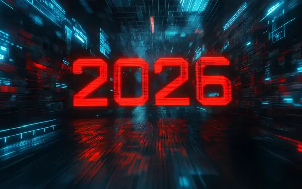 HD PC desktop wallpaper featuring bold red typography of 2026 set against a glowing, futuristic digital grid background.