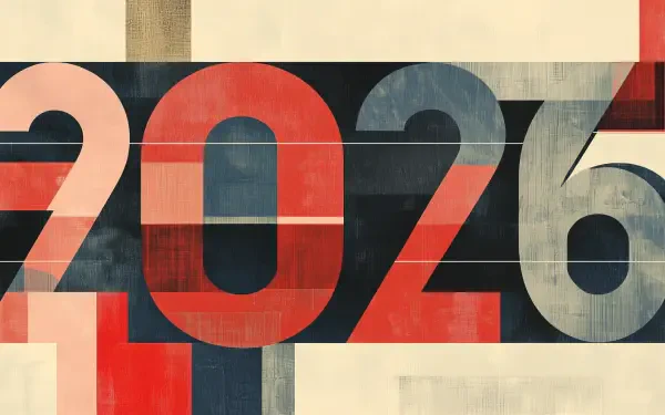 HD PC desktop wallpaper featuring vintage-style typography with bold, overlapping numbers forming 2026 in a muted color palette.