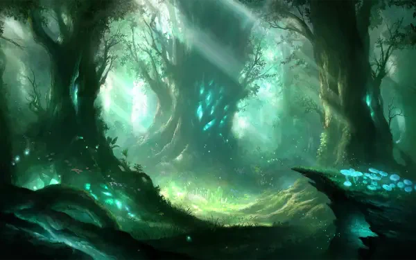 HD PC desktop wallpaper from the video game Shadowverse: Worlds Beyond, depicting a mystical forest with glowing blue-green lights and towering ancient trees.