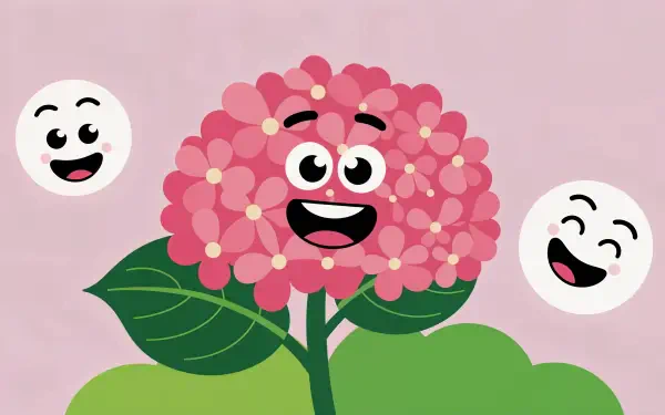 A vibrant cartoon hydrangea with a happy face and two smiling speech bubbles on a soft pink background, designed as a 4K Ultra HD PC desktop wallpaper.