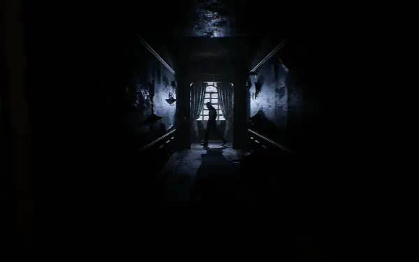 HD PC desktop wallpaper from the video game The Dark Occult, depicting a dark, eerie hallway with a silhouetted figure at the end.