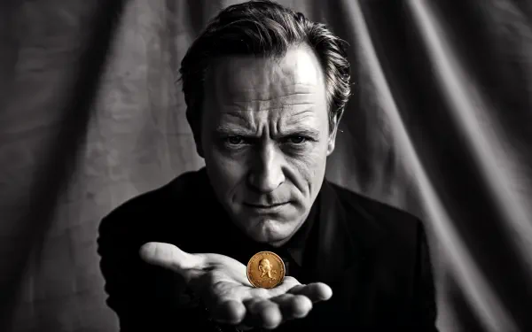 Black and white 4K Ultra HD desktop wallpaper featuring a man with a serious expression holding a single gold coin, symbolizing greed.