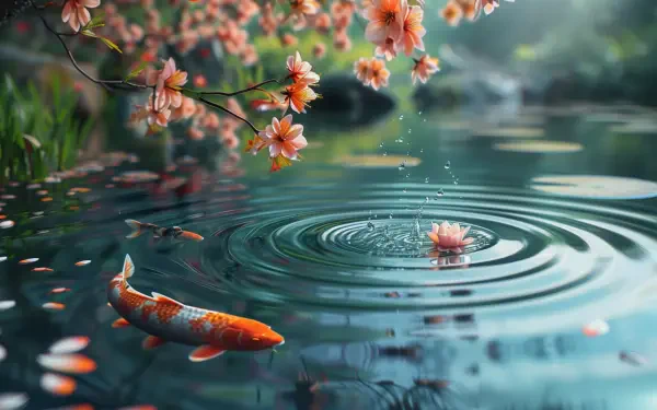 HD desktop wallpaper featuring vibrant koi fish swimming beneath delicate blossom petals and water drops creating ripples on a serene pond.