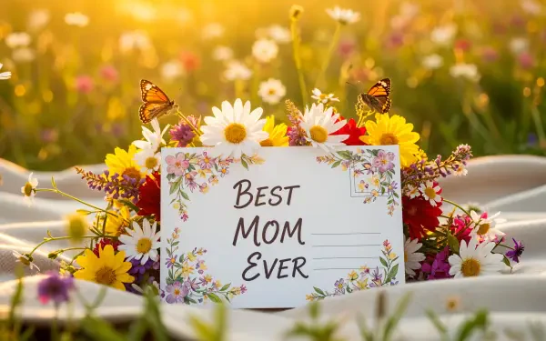 A vibrant 4K Ultra HD desktop wallpaper featuring a Best Mom Ever card surrounded by colorful wildflowers and butterflies in a sunlit meadow.