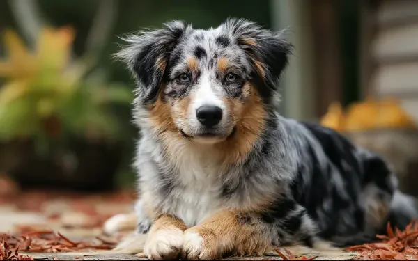 4K Ultra HD PC desktop wallpaper featuring a calm Australian Shepherd dog lying on the ground surrounded by autumn leaves, showcasing its distinctive tricolor coat.