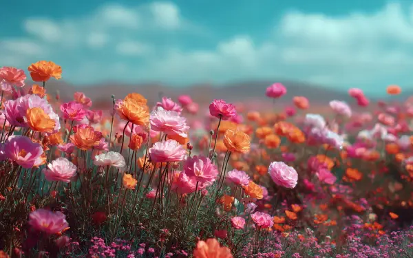 A vibrant spring field of blooming pink and orange flowers under a bright blue sky, captured in stunning 4K Ultra HD for a PC desktop wallpaper background.