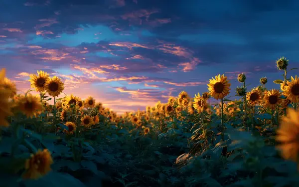 A vibrant field of sunflowers under a dramatic sunset sky, captured in stunning 4K Ultra HD for a nature-themed PC desktop wallpaper.