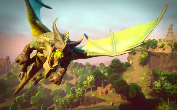 HD PC desktop wallpaper from the video game RuneScape: Dragonwilds, featuring a fierce green dragon flying over a lush forest and ancient ruins.