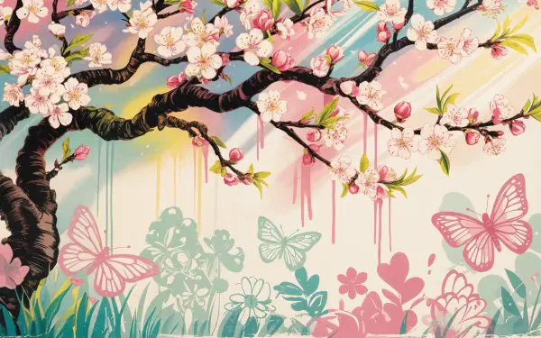 A vintage spring scene with blooming cherry blossoms, pastel butterflies, and soft sunlight, rendered in 4K Ultra HD for PC desktop wallpaper and background.