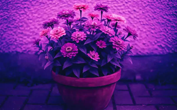 A vibrant flower pot with blooming pink flowers against a textured wall, captured in 4K Ultra HD for PC desktop wallpaper and background.