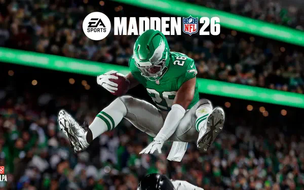 HD PC desktop wallpaper depicting a dynamic action scene from the Madden NFL 26 video game, featuring a football player mid-air during a game.