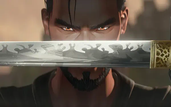 HD PC desktop wallpaper from the movie Predator: Killer of Killers, featuring a close-up of a fierce character holding a detailed sword.