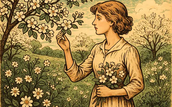Vintage spring illustration of a woman gathering flowers in a blossoming orchard, rendered as a 4K Ultra HD PC desktop wallpaper and background.