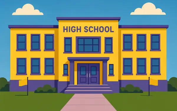 Illustration of a bright yellow high school building under a blue sky, designed as a 4K Ultra HD PC desktop wallpaper and background.