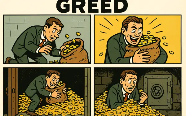 A 4K Ultra HD desktop wallpaper illustrating greed with four cartoon panels of a man obsessively clutching and guarding a large bag of gold coins.