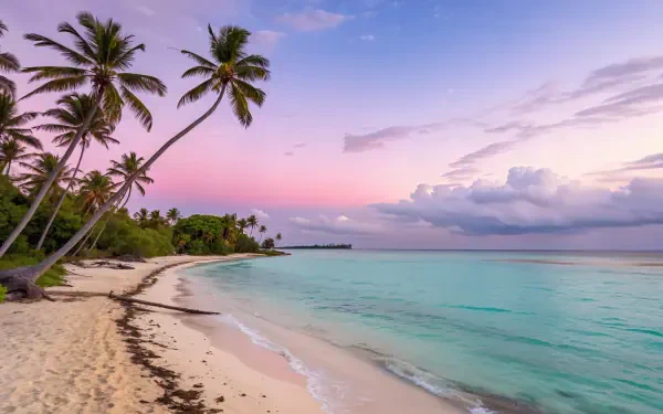 A serene Caribbean beach at sunset with leaning palm trees and calm turquoise waters, captured in stunning 4K Ultra HD for a PC desktop wallpaper.