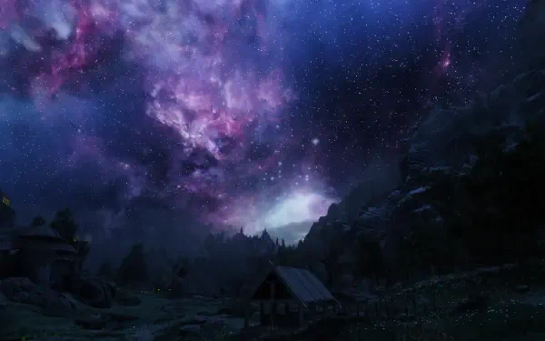 HD PC desktop wallpaper showcasing a starry night sky with vibrant nebulae over a mountainous gaming environment from The Elder Scrolls V: Skyrim.