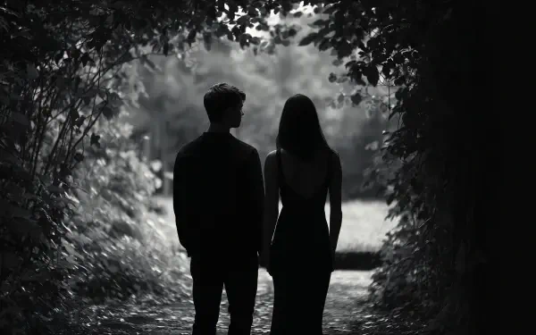 Silhouetted couple walking hand in hand through a leafy tunnel, symbolizing engagement and fiance, captured in stunning 4K Ultra HD PC desktop wallpaper quality.