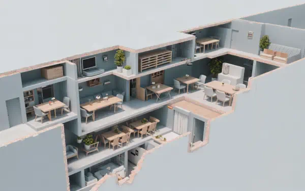 Cutaway view of a modern multi-level office interior, detailed workspace layout, presented in 4K Ultra HD as a PC desktop wallpaper and background.