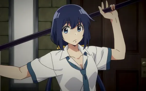 Anime-style 4K wallpaper featuring Mashiro Nakanishi from Detectives These Days Are Crazy! with blue hair, holding a sword in a tense pose.